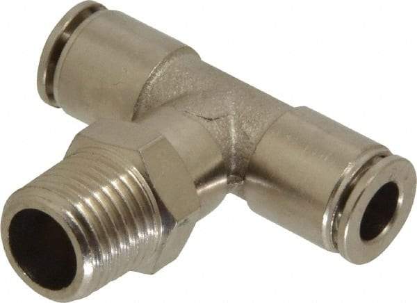 Value Collection - 1/4" Outside Diam, 1/4 NPT, Nickel Plated Brass Push-to-Connect Tube Male Branch Tee - 150 Max psi, Tube to Male NPT Connection, Brass O-Ring - Americas Industrial Supply