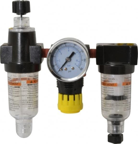 PRO-SOURCE - 1/8" NPT Port Miniature 3 Piece Filter-Regulator-Lubricator FRL Unit - Polycarbonate Bowl, 22 SCFM, 150 Max psi, 5.98" High, Manual Drain - Americas Industrial Supply