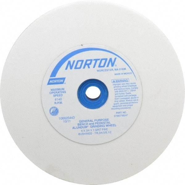 Norton - 100 Grit Aluminum Oxide Bench & Pedestal Grinding Wheel - 6" Diam x 1" Hole x 3/4" Thick, 4140 Max RPM, J Hardness, Fine Grade , Vitrified Bond - Americas Industrial Supply