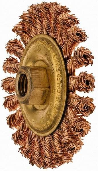 Ampco - 4" OD, 5/8-11 Arbor Hole, Knotted Phosphorus Bronze Alloy Wheel Brush - 3/8" Face Width, 9/16" Trim Length, 20,000 RPM - Americas Industrial Supply