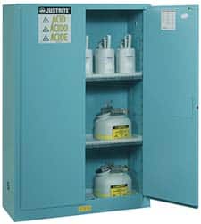 Justrite - 2 Door, 2 Shelf, Blue Steel Standard Safety Cabinet for Corrosive Chemicals - 65" High x 43" Wide x 18" Deep, Manual Closing Door, 3 Point Key Lock, 45 Gal Capacity - Americas Industrial Supply
