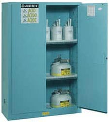 Justrite - 2 Door, 2 Shelf, Blue Steel Standard Safety Cabinet for Corrosive Chemicals - 65" High x 43" Wide x 18" Deep, Manual Closing Door, 3 Point Key Lock, 45 Gal Capacity - Americas Industrial Supply