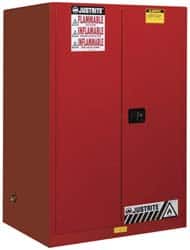 Justrite - 2 Door, 2 Shelf, Red Steel Standard Safety Cabinet for Flammable and Combustible Liquids - 65" High x 43" Wide x 34" Deep, Manual Closing Door, 3 Point Key Lock, 90 Gal Capacity - Americas Industrial Supply