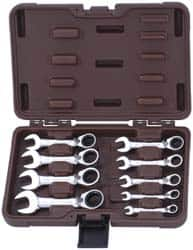 Paramount - 9 Piece, 1/4" to 3/4", Stubby Ratcheting Reversible Combination Wrench Set - Inch Measurement Standard, Full Polish Chrome Finish, Comes in Blow Molded Case - Americas Industrial Supply