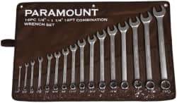 Paramount - 16 Piece, 1/4 to 1-1/4", Combination Wrench Set - Inch System of Measurement, Satin Chrome Finish, Comes in Canvas Roll - Americas Industrial Supply