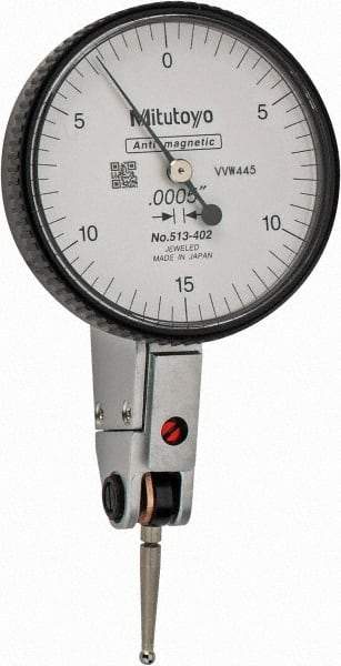 Mitutoyo - 0.03 Inch Range, 0.0005 Inch Dial Graduation, Horizontal Dial Test Indicator - 1.5748 Inch White Dial, 0-15-0 Dial Reading, Accurate to 0.0005 Inch - Americas Industrial Supply