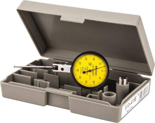 Mitutoyo - 1 mm Range, 0.01 mm Dial Graduation, Horizontal Dial Test Indicator - 1.5748 Inch Yellow Dial, 0-50-0 Dial Reading, Accurate to 0.01 Inch - Americas Industrial Supply