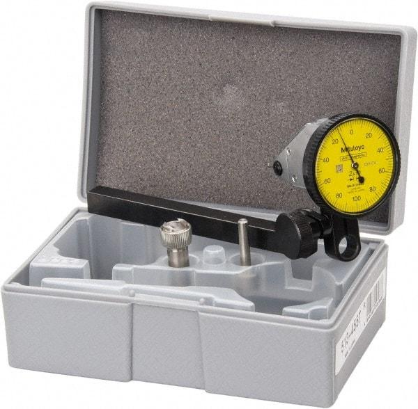 Mitutoyo - 0.2 mm Range, 0.002 mm Dial Graduation, Vertical Dial Test Indicator - 1.5748 Inch Yellow Dial, 0-100-0 Dial Reading, Accurate to 0.003 Inch - Americas Industrial Supply
