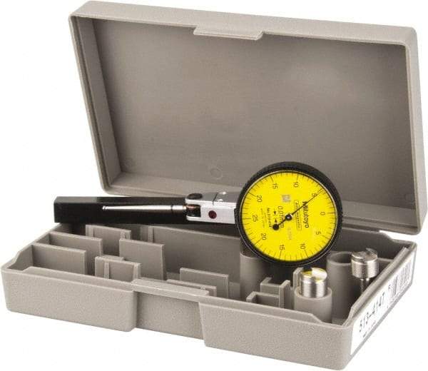 Mitutoyo - 1/2 mm Range, 0.01 mm Dial Graduation, Horizontal Dial Test Indicator - 1.5748 Inch Yellow Dial, 0-25-0 Dial Reading, Accurate to 0.01 Inch - Americas Industrial Supply