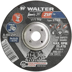 WALTER Surface Technologies - 60 Grit, 3" Wheel Diam, 1/32" Wheel Thickness, 3/8" Arbor Hole, Type 27 Depressed Center Wheel - Aluminum Oxide, Resinoid Bond, 25,470 Max RPM, Compatible with Die Grinders & Straight Shaft Grinder - Americas Industrial Supply
