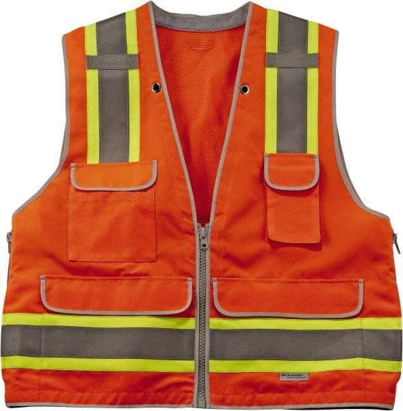 Ergodyne - Size S/M High Visibility Orange Mesh/Solid Surveyor's Vest - 36 to 44" Chest, ANSI/ISEA 107, Zipper Closure, 6 Pockets, Polyester - Americas Industrial Supply