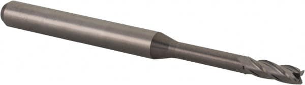Accupro - 5/64", 0.234" LOC, 1/8" Shank Diam, 1-1/2" OAL, 4 Flute, Solid Carbide Square End Mill - Single End, Uncoated, Spiral Flute, 30° Helix, Centercutting, Right Hand Cut, Right Hand Flute, Series Miniature - Americas Industrial Supply