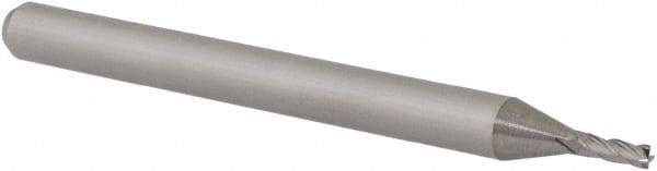 Accupro - 0.049", 0.147" LOC, 1/8" Shank Diam, 1-1/2" OAL, 4 Flute, Solid Carbide Square End Mill - Single End, Uncoated, Spiral Flute, 30° Helix, Centercutting, Right Hand Cut, Right Hand Flute, Series Miniature - Americas Industrial Supply