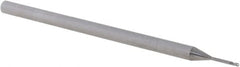 Corner Radius End Mill: 0.0312″ Dia, 0.046″ LOC, 0.01″ Radius, 3 Flutes, Solid Carbide 2-1/2″ OAL, 1/8″ Shank Dia, 30 ° Helix, Bright/Uncoated, Corner Radius End, Centercutting, Series Miniature