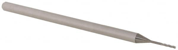 Accupro - 1/32", 0.155" LOC, 1/8" Shank Diam, 2-1/2" OAL, 3 Flute, Solid Carbide Square End Mill - Single End, Uncoated, Spiral Flute, 30° Helix, Centercutting, Right Hand Cut, Right Hand Flute, Series Miniature - Americas Industrial Supply