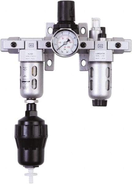 PRO-SOURCE - 1/4" NPT Port Miniature 3 Piece Filter-Regulator-Lubricator FRL Unit - Polycarbonate Bowl, 18 SCFM, 145 Max psi, 6.69" High, Automatic Drain - Americas Industrial Supply