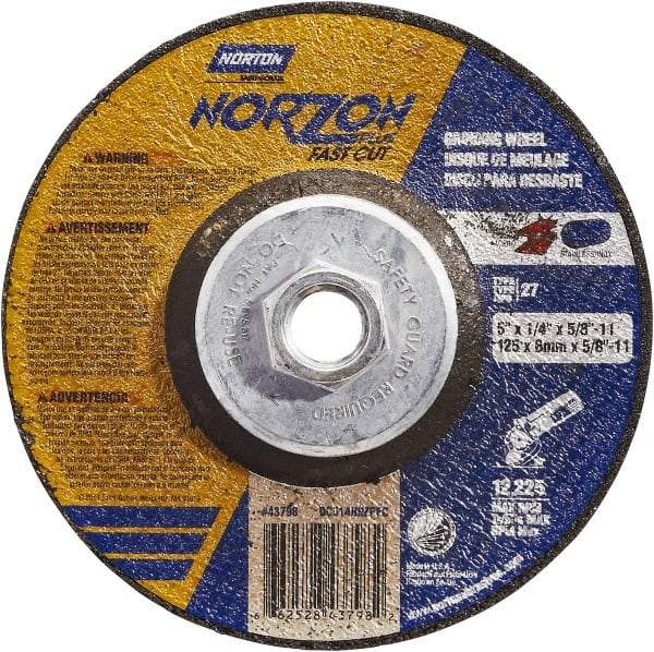 Norton - 5" Wheel Diam, 1/4" Wheel Thickness, Type 27 Depressed Center Wheel - Ceramic, Resinoid Bond, 12,225 Max RPM - Americas Industrial Supply