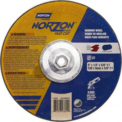 Norton - 9" Wheel Diam, 1/4" Wheel Thickness, Type 27 Depressed Center Wheel - Ceramic, Resinoid Bond, 6,600 Max RPM - Americas Industrial Supply