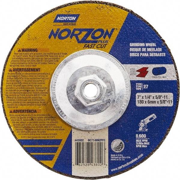 Norton - 7" Wheel Diam, 1/4" Wheel Thickness, Type 27 Depressed Center Wheel - Ceramic, Resinoid Bond, 8,600 Max RPM - Americas Industrial Supply