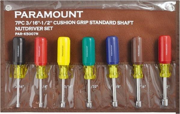 Paramount - 7 Piece 3/16 to 1/2" Nutdriver Set - Hollow Shaft, Ergonomic Handle - Americas Industrial Supply