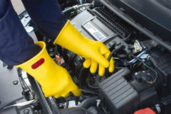 Ansell - Class 2, Size 8, 14" Long, Rubber Lineman's Glove - 20,000 AC Max Use Voltage, 17,000 AC Test Voltage, Yellow, ASTM D120 - Americas Industrial Supply