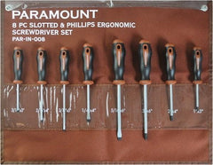 Paramount - 8 Piece Slotted, Phillips & Cabinet Screwdriver Set - Blade Sizes: Width 3/16, 1/4 & 5/16, Bit Sizes: Philips #0 to #3 - Americas Industrial Supply
