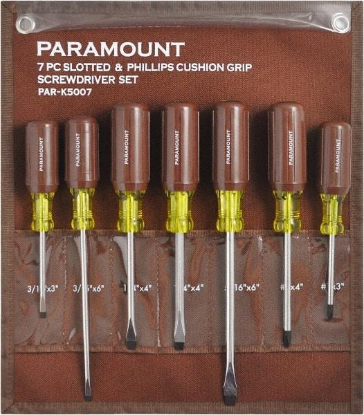 Paramount - 7 Piece Phillips & Slotted Screwdriver Set - Bit Sizes: Philips #0 to #4 - Americas Industrial Supply