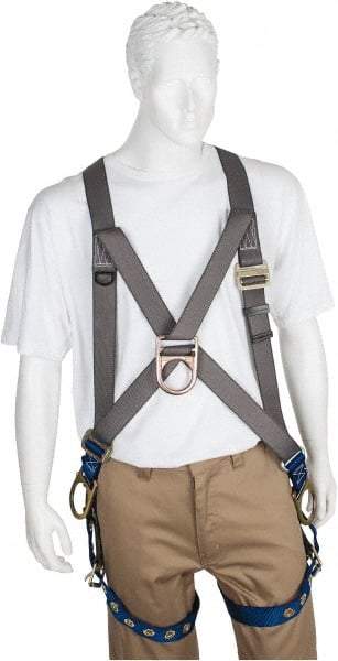 PRO-SAFE - 350 Lb Capacity, Size Universal, Full Body Cross-Over Safety Harness - Polyester, Front D-Ring, Side D-Ring, Tongue Buckle Leg Strap, Pass-Thru Chest Strap, Gray/Blue - Americas Industrial Supply