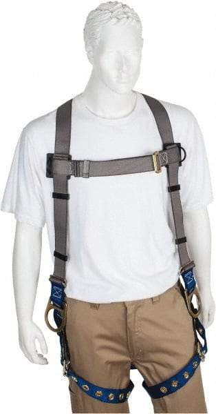 PRO-SAFE - 350 Lb Capacity, Size Universal, Full Body Back D-Ring Safety Harness - Polyester, Side D-Ring, Tongue Buckle Leg Strap, Pass-Thru Chest Strap, Gray/Blue - Americas Industrial Supply