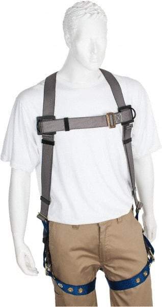 PRO-SAFE - 350 Lb Capacity, Size XL, Full Body Premium Tongue Buckle Safety Harness - Polyester, Tongue Buckle Leg Strap, Pass-Thru Chest Strap, Gray/Blue - Americas Industrial Supply