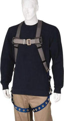PRO-SAFE - 350 Lb Capacity, Size Universal, Full Body Premium Tongue Buckle Safety Harness - Polyester, Tongue Buckle Leg Strap, Pass-Thru Chest Strap, Gray/Blue - Americas Industrial Supply