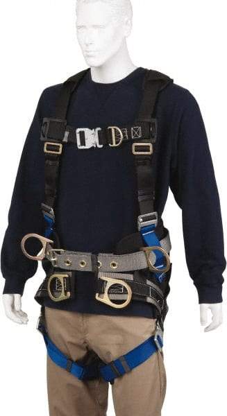 PRO-SAFE - 350 Lb Capacity, Size Universal, Full Body Tower Climbers Safety Harness - Polyester, Front D-Ring, Side D-Ring, Quick Connect Leg Strap, Quick Connect Chest Strap, Black/Blue - Americas Industrial Supply