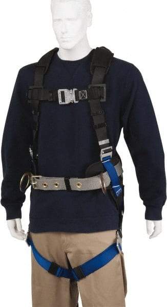 PRO-SAFE - 350 Lb Capacity, Size Universal, Full Body Construction Safety Harness - Polyester, Side D-Ring, Quick Connect Leg Strap, Quick Connect Chest Strap, Black/Blue - Americas Industrial Supply