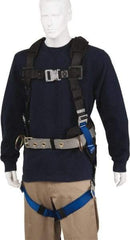 PRO-SAFE - 350 Lb Capacity, Size Universal, Full Body Construction Safety Harness - Polyester, Side D-Ring, Quick Connect Leg Strap, Quick Connect Chest Strap, Black/Blue - Americas Industrial Supply