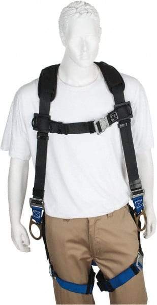 PRO-SAFE - 350 Lb Capacity, Size XL, Full Body Padded Back D-Ring Safety Harness - Polyester, Side D-Ring, Quick Connect Leg Strap, Quick Connect Chest Strap, Black/Blue - Americas Industrial Supply