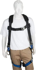PRO-SAFE - 350 Lb Capacity, Size XL, Full Body Padded Back D-Ring Safety Harness - Polyester, Side D-Ring, Quick Connect Leg Strap, Quick Connect Chest Strap, Black/Blue - Americas Industrial Supply