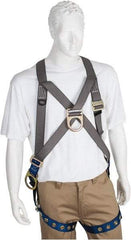 PRO-SAFE - 350 Lb Capacity, Size XL, Full Body Cross-Over Safety Harness - Polyester, Front D-Ring, Side D-Ring, Tongue Buckle Leg Strap, Pass-Thru Chest Strap, Gray/Blue - Americas Industrial Supply