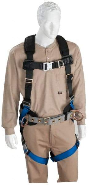 PRO-SAFE - 350 Lb Capacity, Size Universal, Full Body Construction Safety Harness - Polyester, Front D-Ring, Side D-Ring, Quick Connect Leg Strap, Quick Connect Chest Strap, Black/Blue - Americas Industrial Supply