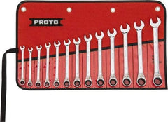 Proto - 13 Piece, 7mm to 19mm, 12 Point Reversible Ratcheting Combination Wrench Set - Metric Measurement Standard, Full Polish Chrome Finish, Comes in Tool Roll - Americas Industrial Supply