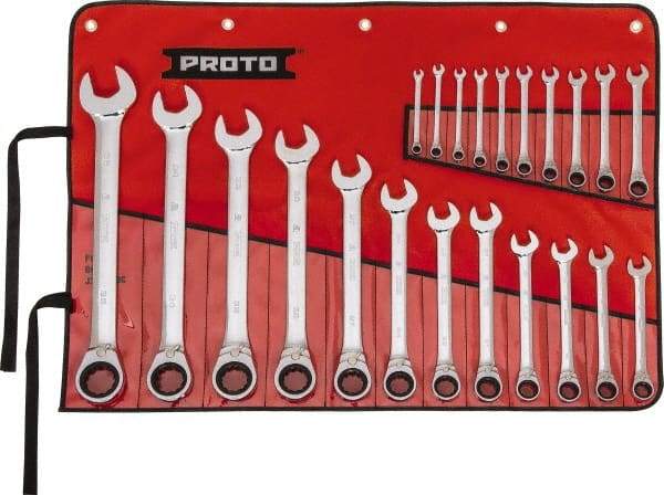 Proto - 22 Piece, 6mm to 36mm, 12 Point Reversible Ratcheting Combination Wrench Set - Metric Measurement Standard, Full Polish Chrome Finish, Comes in Tool Roll - Americas Industrial Supply