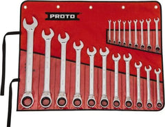 Proto - 20 Piece, 7/32" to 1-1/2", 12 Point Reversible Ratcheting Combination Wrench Set - Inch Measurement Standard, Full Polish Chrome Finish, Comes in Tool Roll - Americas Industrial Supply