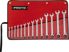 Proto - 14 Piece, 1/4" to 1", 12 Point Ratcheting Combination Wrench Set - Inch Measurement Standard, Full Polish Chrome Finish, Comes in Tool Roll - Americas Industrial Supply