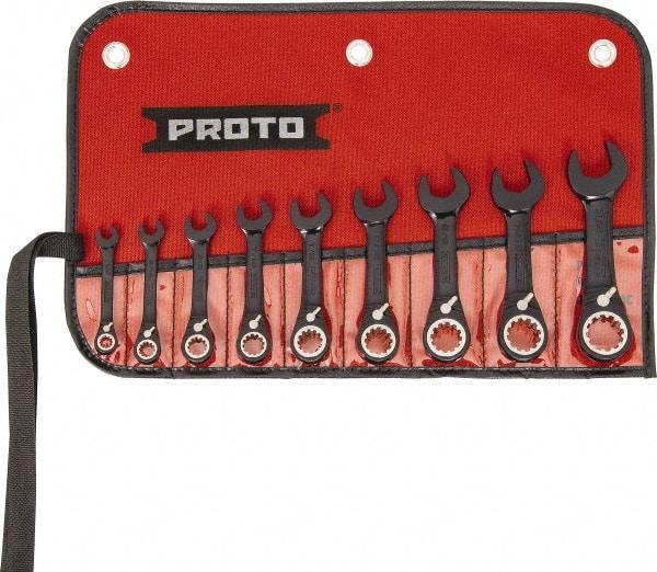 Proto - 9 Piece, 1/4" to 3/4", 12 Point Short Ratcheting Reversible Combination Spline Wrench Set - Inch Measurement Standard, Black/Chrome Finish, Comes in Tool Roll - Americas Industrial Supply