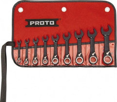 Proto - 9 Piece, 1/4" to 3/4", 12 Point Short Ratcheting Reversible Combination Spline Wrench Set - Inch Measurement Standard, Black/Chrome Finish, Comes in Tool Roll - Americas Industrial Supply