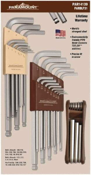 Paramount - 31 Piece L-Wrench/Fold-Up Combo Hex Key Set - Hex Range 0.05 to 3/8", Steel - Americas Industrial Supply