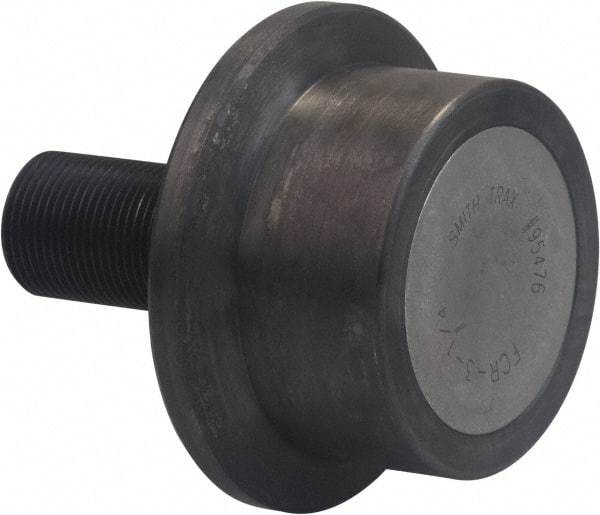 Accurate Bushing - 76mm Roller Diam x 52mm Width, 30mm Stud Diam x 69.5mm Length, Flanged Load Roller - Carbon Steel, 40mm Thread Length, M30 x 3.5 Thread, 121.5mm OAL, 63,600 N Dynamic Cap, 89,000 N Static Cap - Americas Industrial Supply