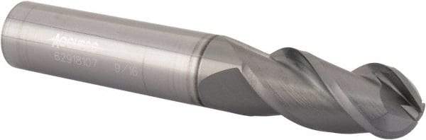 Accupro - 9/16" Diam, 1-1/4" LOC, 3 Flute Solid Carbide Ball End Mill - nACRo Finish, Single End, 3-1/2" OAL, 9/16" Shank Diam, Spiral Flute - Americas Industrial Supply