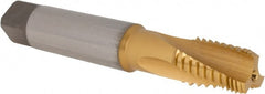 Emuge - 3/8-18 NPT, 15° Helix, 3 Flutes, Modified Bottoming Chamfer, TiN Finish, Cobalt, Spiral Flute Pipe Tap - Americas Industrial Supply