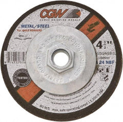 Camel Grinding Wheels - 24 Grit, 9" Wheel Diam, 1/4" Wheel Thickness, 7/8" Arbor Hole, Type 27 Depressed Center Wheel - Coarse Grade, Aluminum Oxide, Resinoid Bond, 6,650 Max RPM - Americas Industrial Supply