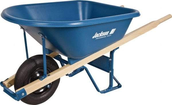 Jackson Professional Tools - 5.75 Cu Ft Capacity Wheelbarrow with 16" Pneumatic Wheel - Wood Handle, 59-1/4" Long x 29-1/2" Wide x 27-1/4" High, Blue - Americas Industrial Supply